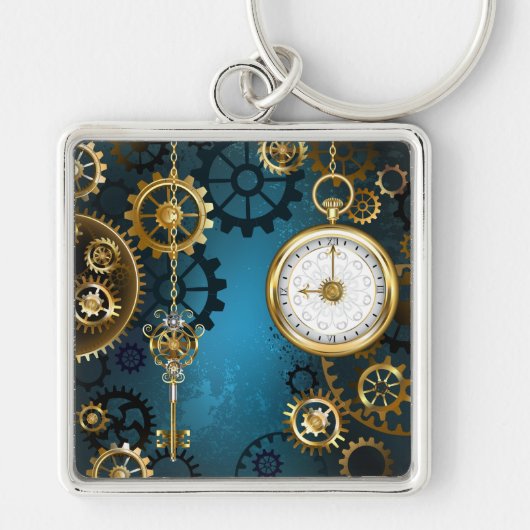Steampunk turquoise Achtergrond met tandwielen Sleutelhanger (Voorkant)