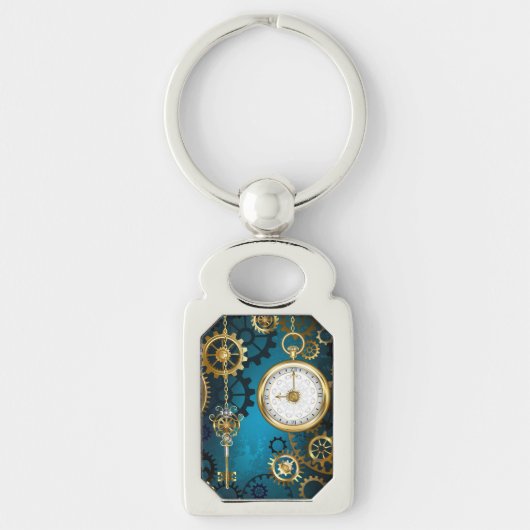 Steampunk turquoise Achtergrond met tandwielen Sleutelhanger (Voorkant)