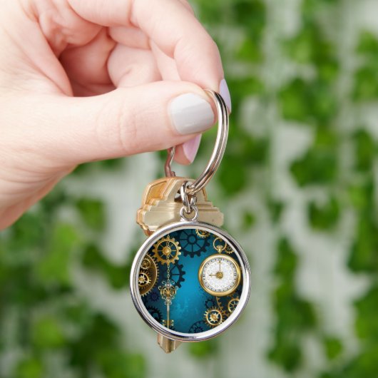 Steampunk turquoise achtergrond met tandwielen sleutelhanger (Hand)