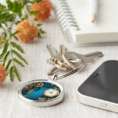 Steampunk turquoise achtergrond met tandwielen sleutelhanger (Zijkant)