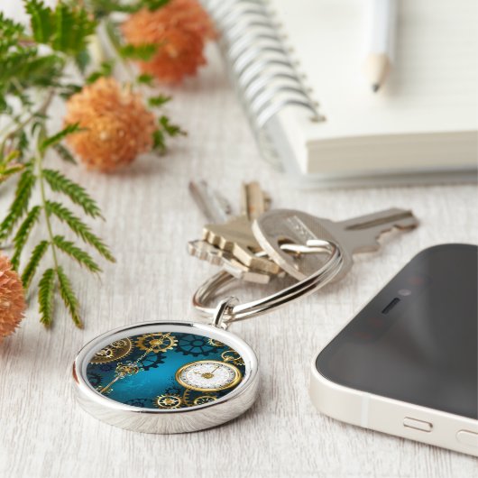 Steampunk turquoise achtergrond met tandwielen sleutelhanger (Zijkant)