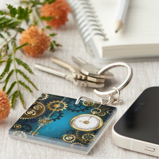 Steampunk turquoise Achtergrond met tandwielen Sleutelhanger (Voorkant Rechts)