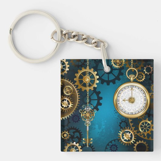 Steampunk turquoise Achtergrond met tandwielen Sleutelhanger (voorkant)