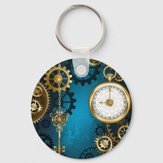 Steampunk turquoise achtergrond met tandwielen sleutelhanger (Voorkant)