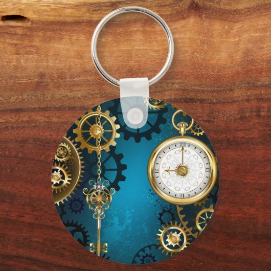Steampunk turquoise achtergrond met tandwielen sleutelhanger (Voorkant)