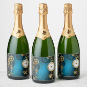 Steampunk turquoise Achtergrond met tandwielen Sparkling Wijnetiket (Flessen)