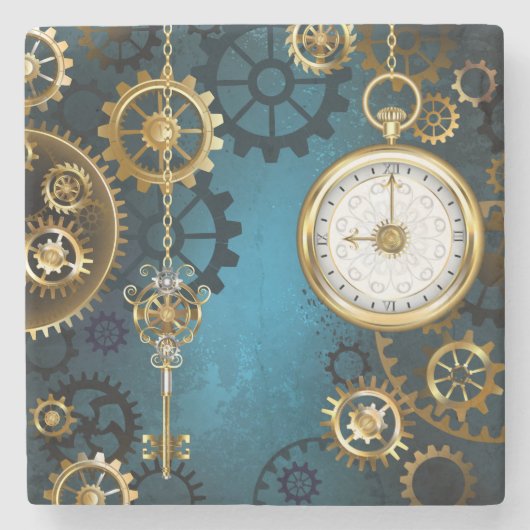 Steampunk turquoise Achtergrond met tandwielen Stenen Onderzetter (Voorkant)