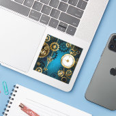 Steampunk turquoise achtergrond met tandwielen sticker (Laptop met iPhone)