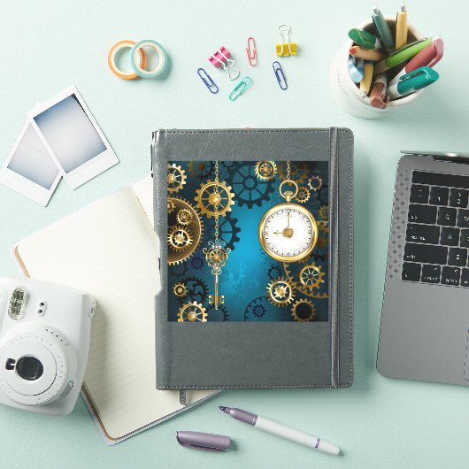 Steampunk turquoise Achtergrond met tandwielen Sticker (iPad Cover)