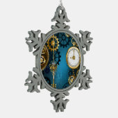 Steampunk turquoise Achtergrond met tandwielen Tin Sneeuwvlok Ornament (Links)