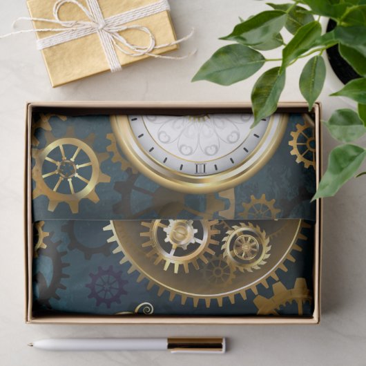 Steampunk turquoise achtergrond met tandwielen tissuepapier (Geschenk)