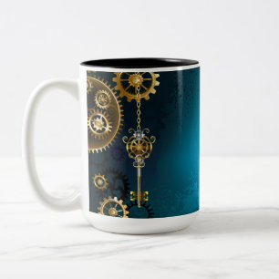 Steampunk turquoise Achtergrond met tandwielen Tweekleurige Koffiemok