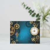 Steampunk turquoise Achtergrond met tandwielen Uitnodiging Briefkaart (Staand voorkant)