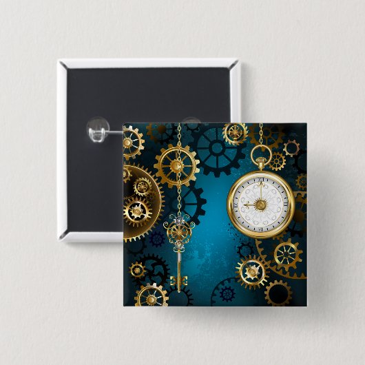 Steampunk turquoise Achtergrond met tandwielen Vierkante Button 5,1 Cm (Voorkant /achterkant)