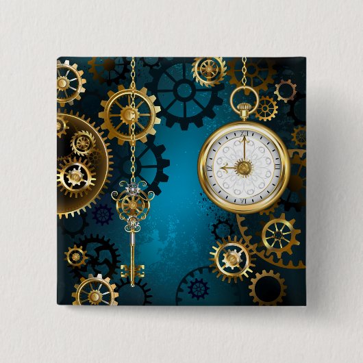 Steampunk turquoise Achtergrond met tandwielen Vierkante Button 5,1 Cm (Voorkant)