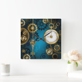 Steampunk turquoise Achtergrond met tandwielen Vierkante Klok (Huis)