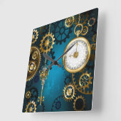 Steampunk turquoise Achtergrond met tandwielen Vierkante Klok (Hoek)