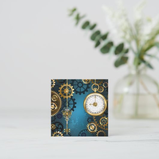 Steampunk turquoise Achtergrond met tandwielen Vierkante Visitekaartje (Staand voorkant)