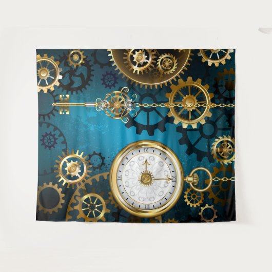 Steampunk turquoise Achtergrond met tandwielen Wandkleed (Voorkant (horizontaal))