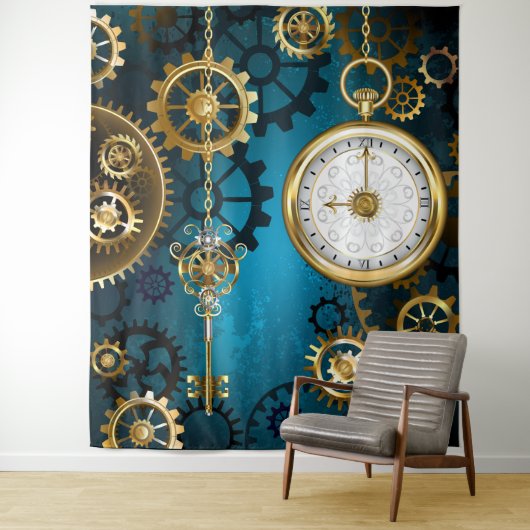 Steampunk turquoise Achtergrond met tandwielen Wandkleed (In situ)