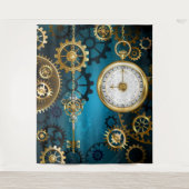 Steampunk turquoise Achtergrond met tandwielen Wandkleed (Voorkant)