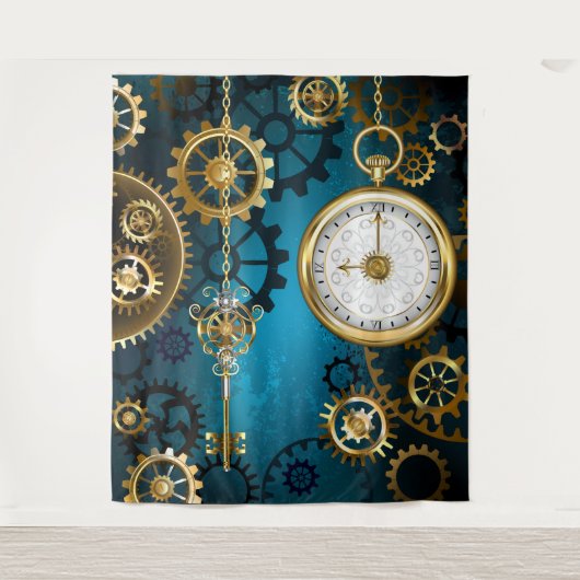 Steampunk turquoise Achtergrond met tandwielen Wandkleed (Voorkant)