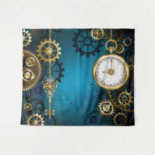 Steampunk turquoise Achtergrond met tandwielen Wandkleed