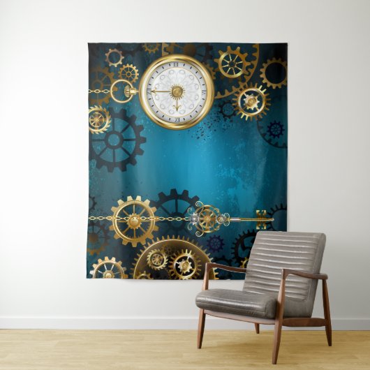 Steampunk turquoise Achtergrond met tandwielen Wandkleed (In situ)