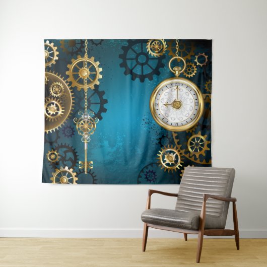 Steampunk turquoise Achtergrond met tandwielen Wandkleed (In Situ (horizontaal))