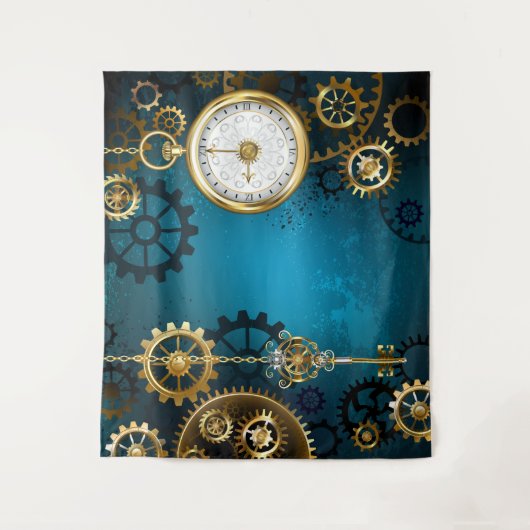 Steampunk turquoise Achtergrond met tandwielen Wandkleed (Voorkant)