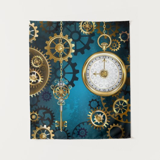 Steampunk turquoise Achtergrond met tandwielen Wandkleed (Voorkant)
