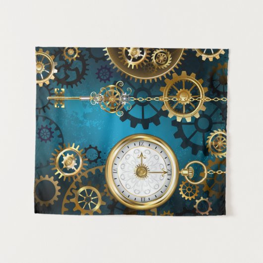 Steampunk turquoise Achtergrond met tandwielen Wandkleed (Voorkant (horizontaal))