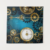 Steampunk turquoise achtergrond met tandwielen wandkleed (Voorkant (horizontaal))
