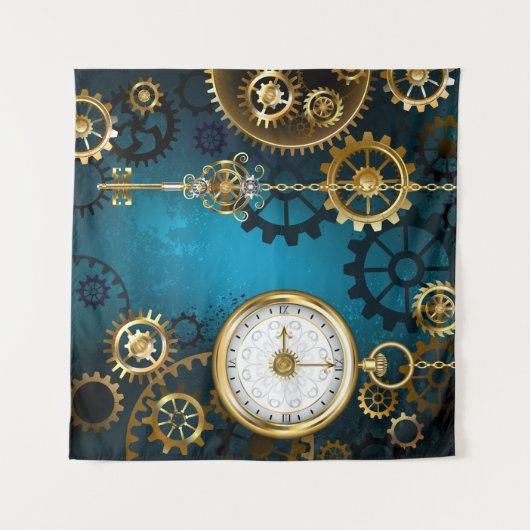 Steampunk turquoise achtergrond met tandwielen wandkleed (Voorkant (horizontaal))