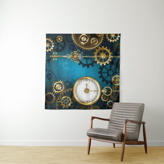 Steampunk turquoise achtergrond met tandwielen wandkleed (In Situ (horizontaal))