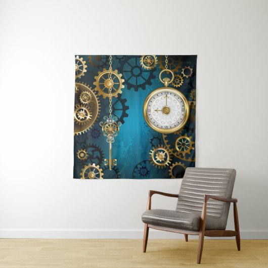 Steampunk turquoise achtergrond met tandwielen wandkleed (In situ)