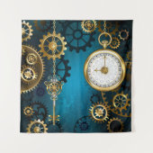 Steampunk turquoise achtergrond met tandwielen wandkleed (Voorkant)