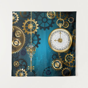 Steampunk turquoise Achtergrond met tandwielen Wandkleed