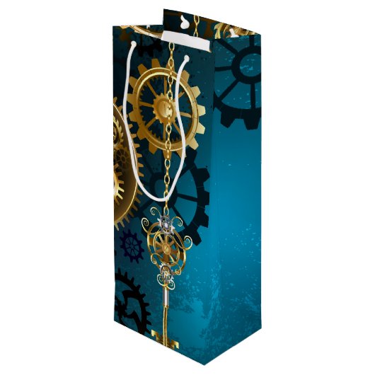Steampunk turquoise Achtergrond met tandwielen Wijn Cadeautas (Achterkant Gekanteld)