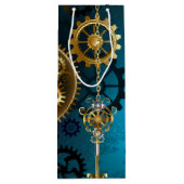 Steampunk turquoise Achtergrond met tandwielen Wijn Cadeautas (Achterkant)