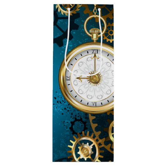 Steampunk turquoise Achtergrond met tandwielen Wijn Cadeautas (Voorkant)