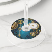 Steampunk turquoise Achtergrond met tandwielen Wijnglaslabel (Dichtbij)