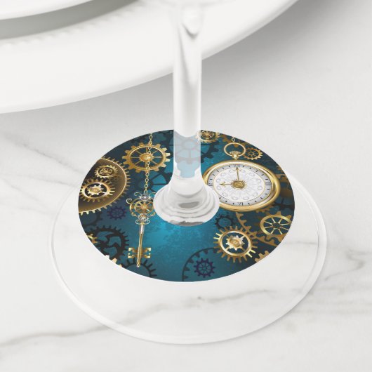 Steampunk turquoise Achtergrond met tandwielen Wijnglaslabel (Dichtbij)