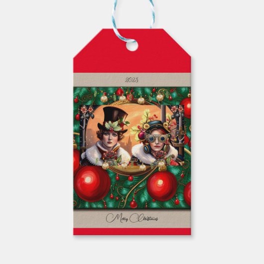 Steampunk Twee Hartjes Kerstmis  Cadeaulabel (Voorkant)