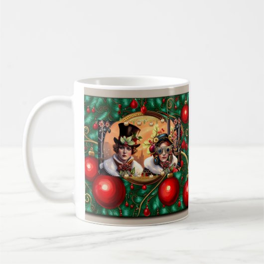 Steampunk Two Hearts Christmas Flat Vakantie Kaart Koffiemok (Links)