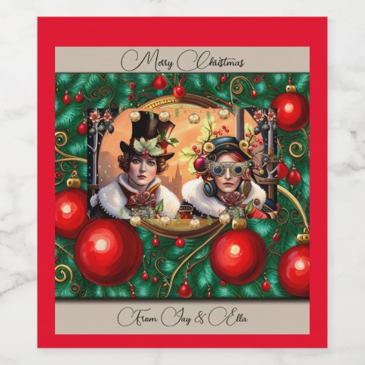 Steampunk Two Hearts Kerstmis Wijn Etiket (Enkel label)