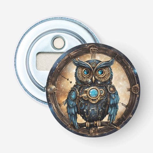Steampunk Uil Tegen de Galactische Hemel Button Flesopener (Voorkant)