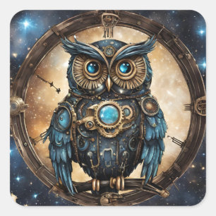 Steampunk Uil Tegen de Galactische Hemel Vierkante Sticker