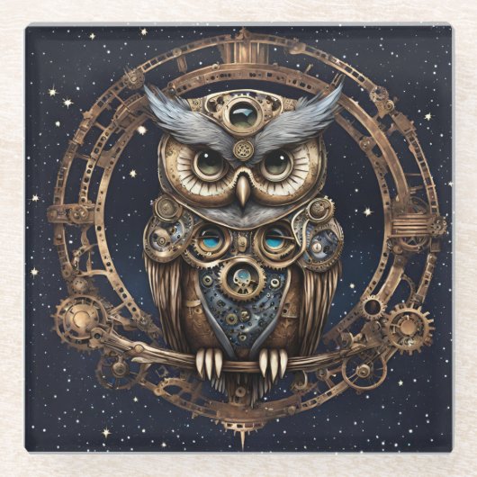 Steampunk Uil Tegen de Sterrenhemel Glazen Onderzetter (Voorkant)