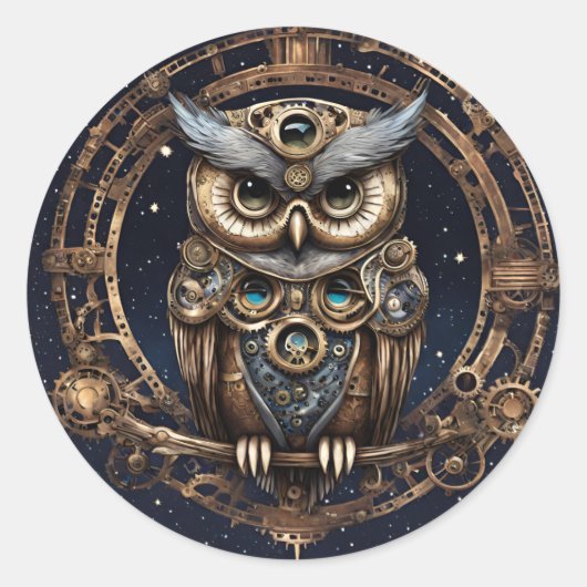 Steampunk Uil Tegen de Sterrenhemel Ronde Sticker (Voorkant)